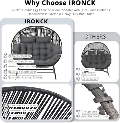 IRONCK 2 Person Egg Chair Outdoor Indoor, Oversized Double Wicker Lounge Chair, Thickened Padded Cushions and Headrests, 680Lbs Egg Loveseat for Patio, Balcony, Living Room, Porch, Gray