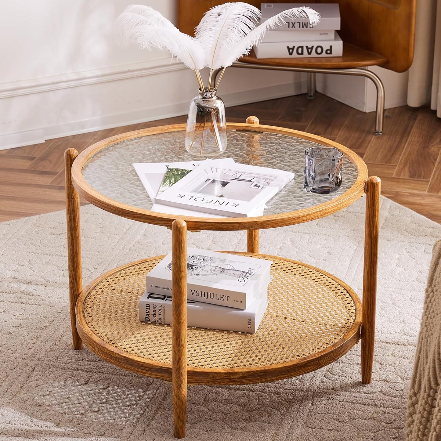 VINGLI 25.6" Rattan Coffee Table, Round Water-Wave Glass Metal Center Table, Modern Coffee Table with 2-Tier Storage, Farmhouse Circular Table for Living Room and Small Space, Natural Vibe