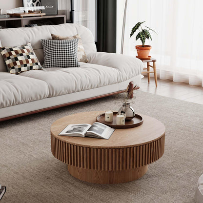 Round Coffee Table with Storage, Modern Wooden Coffee Table with Solid Wood Veneered, Circle Center Table Accent Tea Table for Living Room Apartment Small Space (31.5''L × 31.5''W × 14''H, Natural)