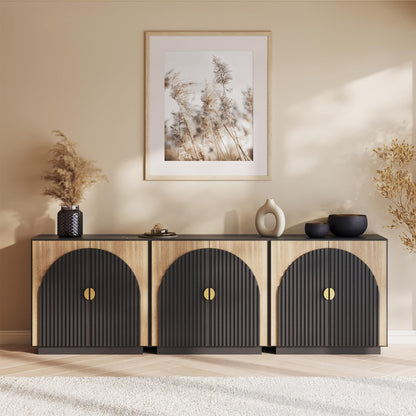 BELLEZE 65 Inch Fluted Buffet Cabinet with Storage, Symmetrical Arc Accent Sideboard Large Console Table for Dining Room, Kitchen, and Living Room (Camel)