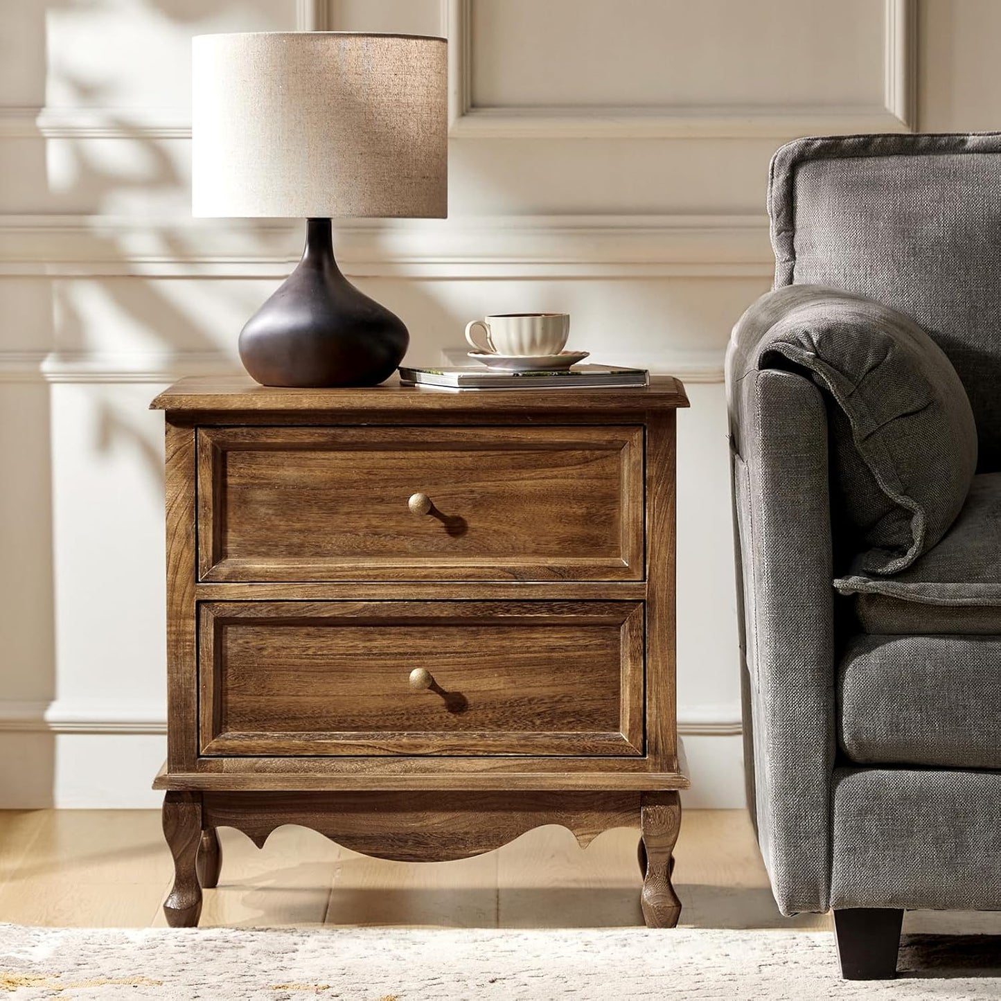 HULALA HOME Solid Wood Nightstand with Charging Station, Vintage Night Stand with Wood Legs and 2 Drawers, French Bedside Table for Bedroom Living Room，Walnut