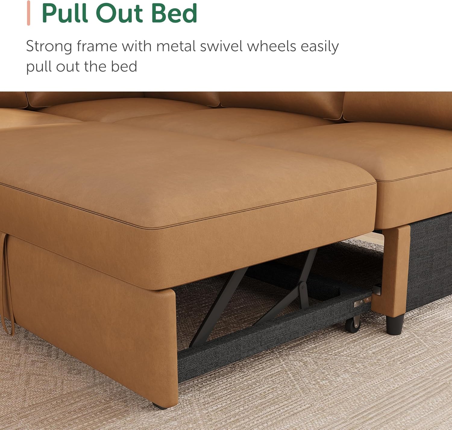 HONBAY Sleeper Sectional Couch with Pull-Out Bed Sectional Sleeper Sofa Pull Out Bed with Storage Chaise, 6 Seaters Couch for Living Room, Faux Leather Brown