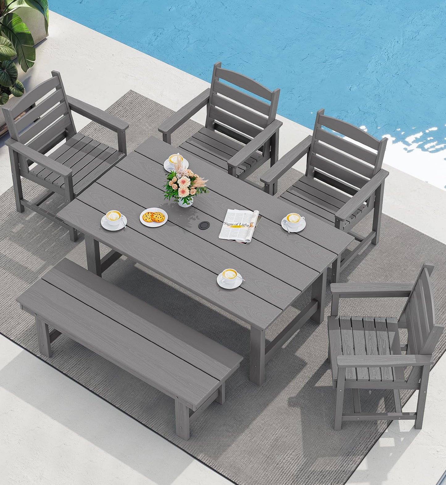 SERWALL Outdoor HDPE Dining Table Set, 7-Piece Outdoor Dining Table Sets with Umbrella Hole Cut-Out Table and 6 Chairs, Gray