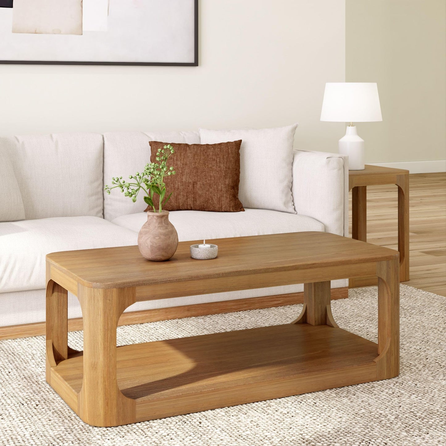 Plank+Beam Small Forma Coffee Table, Solid Wood 40 Inch Modern Coffee Table with Shelf, Contemporary Center Table with Storage Space, Rectangle Tea Table with Storage, Pecan