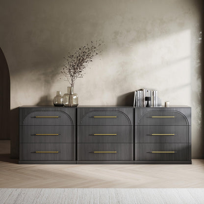 BELLEZE 65 Inch Fluted Buffet Cabinet with Storage, Symmetrical Arc Accent Sideboard Large Console Table for Dining Room, Kitchen, and Living Room (Camel)