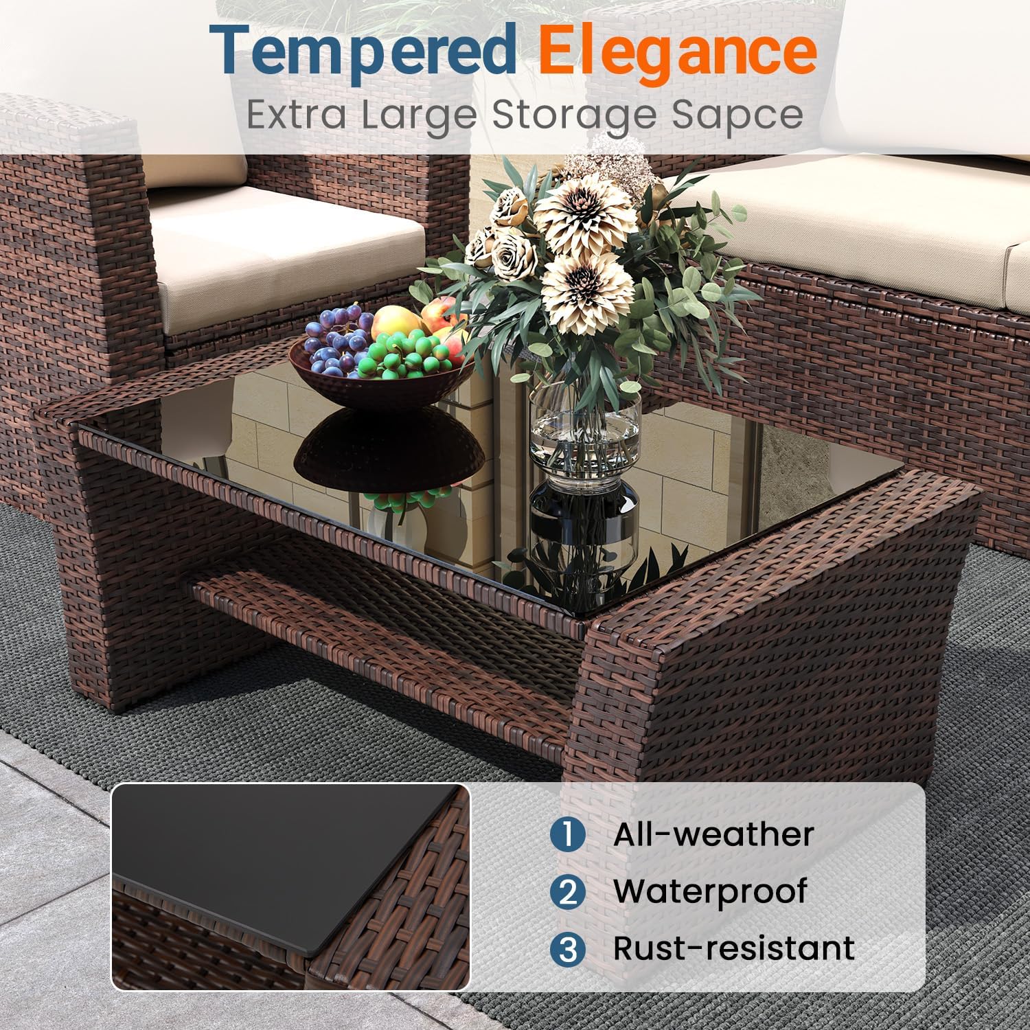 Wisteria Lane 4 Piece Patio Furniture Set, Wicker Outdoor Patio Conversation Furniture Set, All Weather Outdoor Patio Sofa with Cushion and Glass Table, Brown