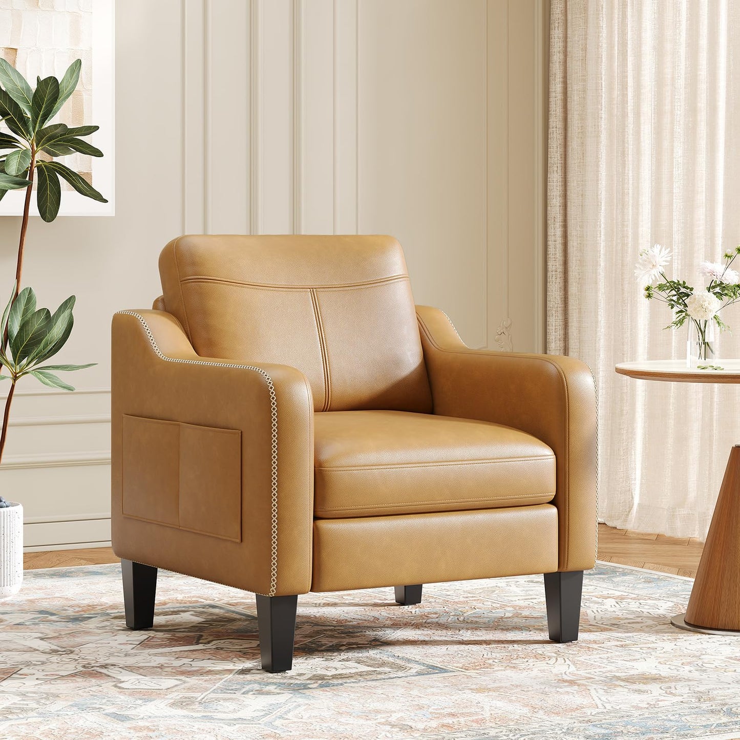 PU Leather Accent Chair Set of 2, Mid-Century Modern Living Room Armchair Sofa with Removable Cushions, Solid Wood Frame & Stitched Armrest Design, Bedroom Chair with Plastic Legs, Brown