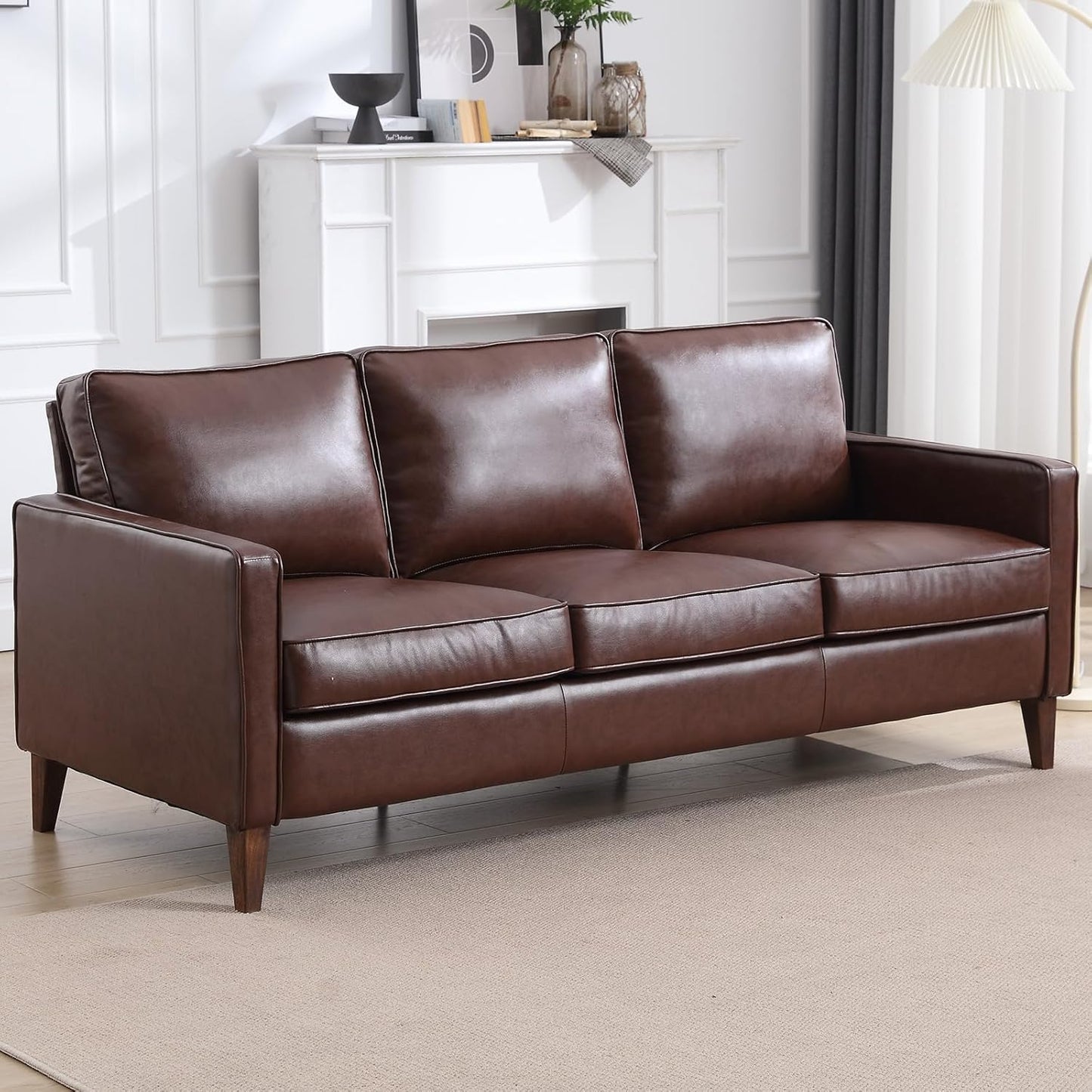 EBELLO 77” Mid Century Modern Sofa Couch, 3 Seater Faux Leather Couches for Living Room, Soft Padded Comfy Cushion, Small Sofa for Small Spaces, Bedroom, Apartment, Dark Brown