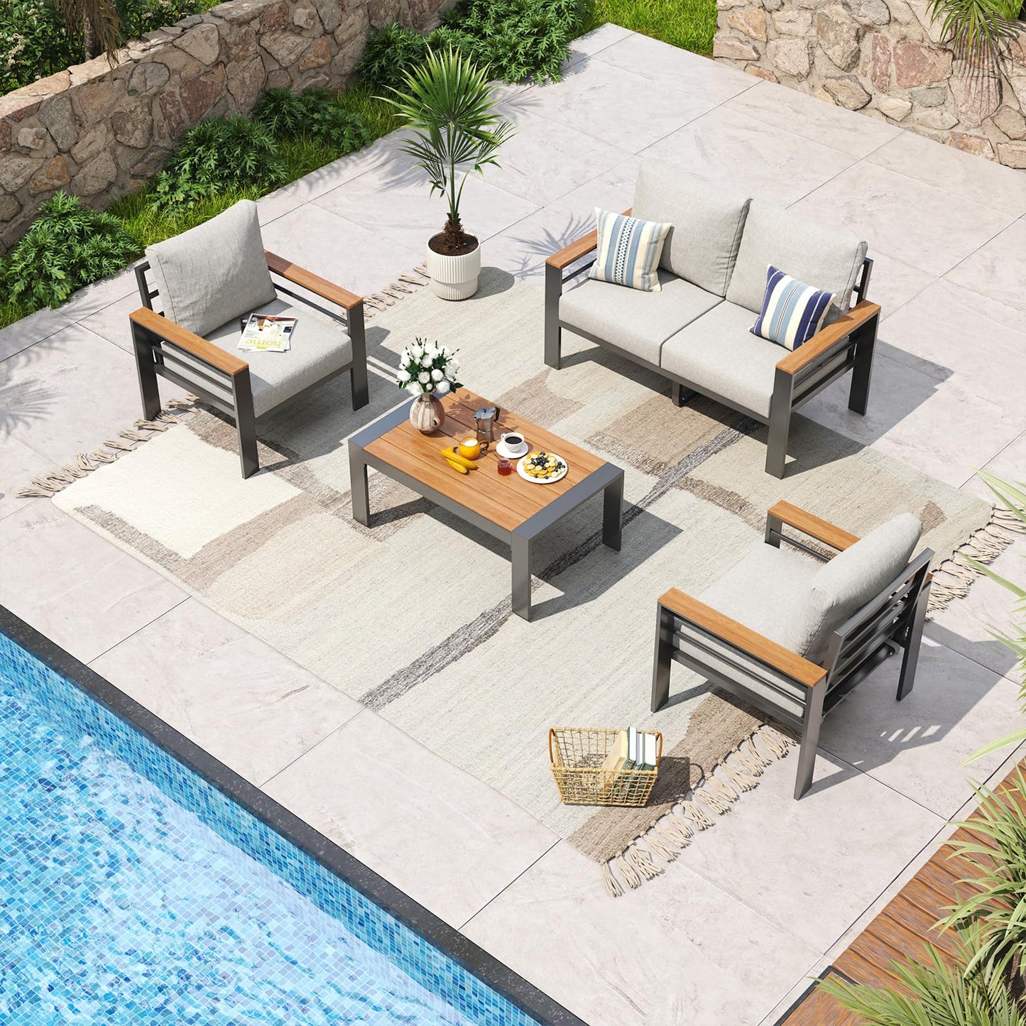 Aoxun Aluminum Patio Furniture Set 7 Seats, Oversized Outdoor Sectional with Washable Thick Cushions, Coffee Table and Waterproof Cover, Patio Conversation Sets for Porch, Balcony, Deck
