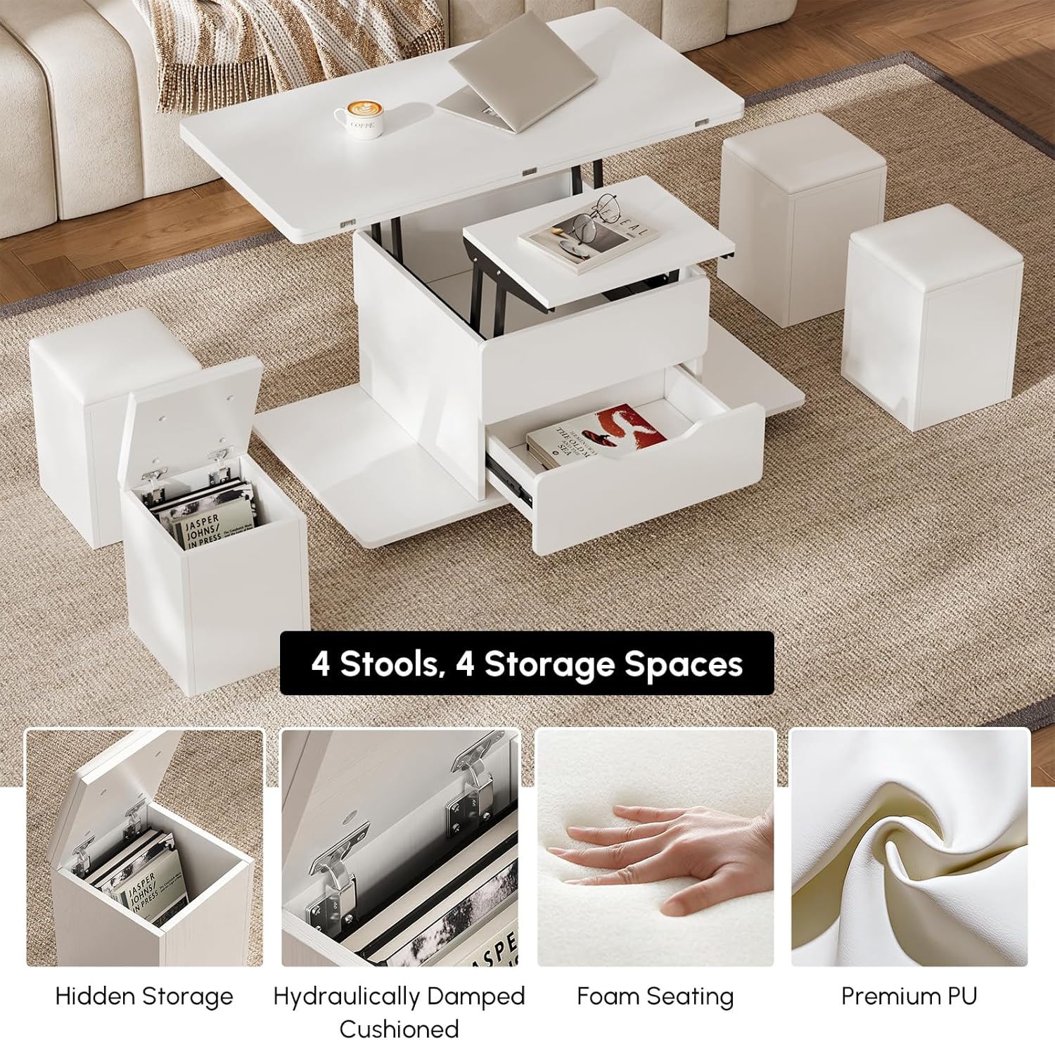 homary White Lift Top Coffee Table with Hidden Storage, 3 in 1 Multi-Function Modern Folding Center Table with 4 Stools and Casters
