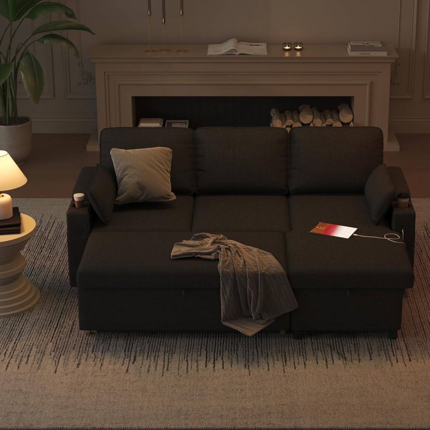 DURASPACE Sofa Bed Sleeper Pull Out 2 in 1 Sectional Sleeper Sofa Couches with Storage,USB, Cup Holder,Pullout Sectional Couches for Apartment Living Room (Dark Gray)