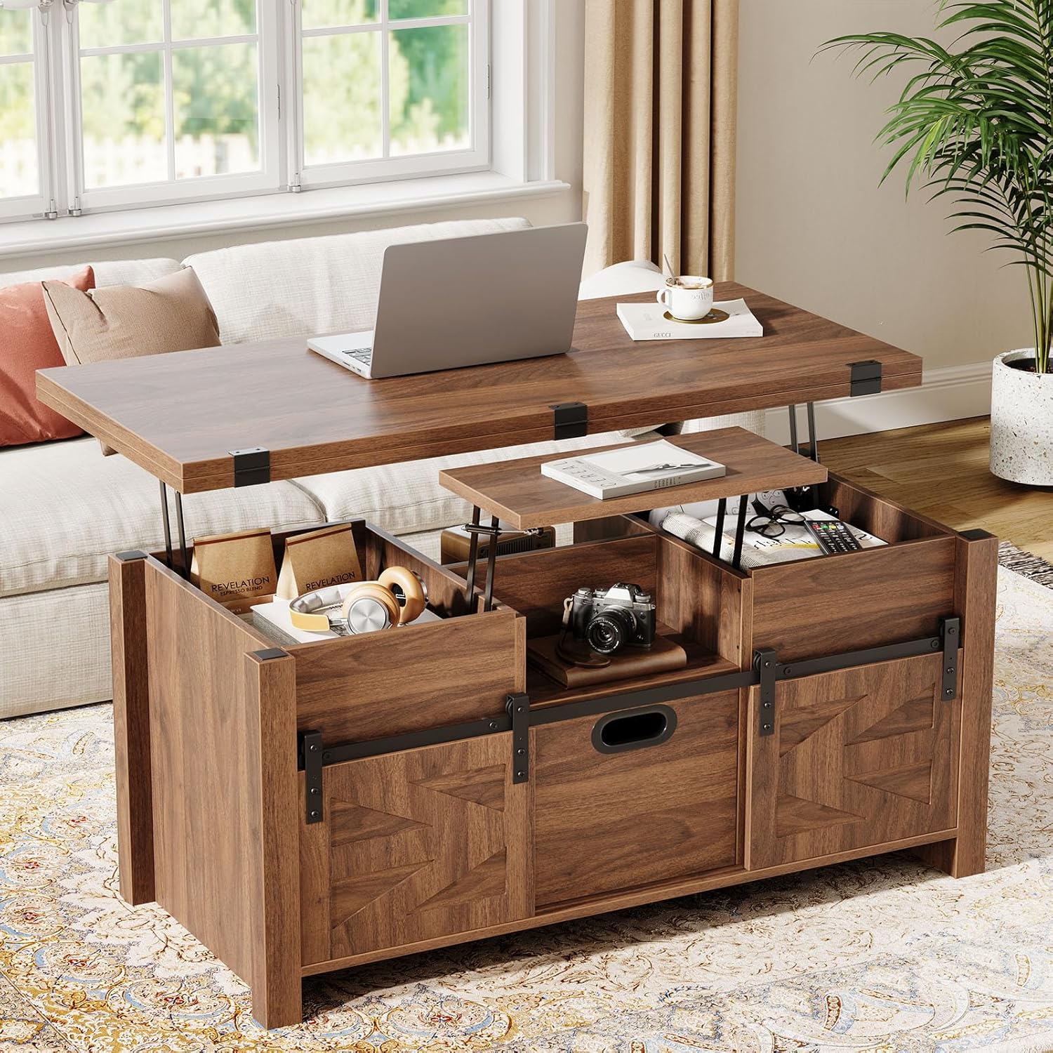 40" Farmhouse Lift Top Coffee Table with Sliding Barn Door,4 in 1 Multi-Function Coffee Tables with Storage Drawers & Hidden Compartment,Converts to Dining Table for Living Room,Walnut