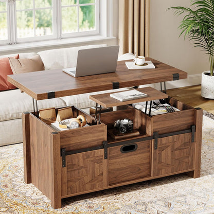 40" Farmhouse Lift Top Coffee Table with Sliding Barn Door,4 in 1 Multi-Function Coffee Tables with Storage Drawers & Hidden Compartment,Converts to Dining Table for Living Room,Walnut