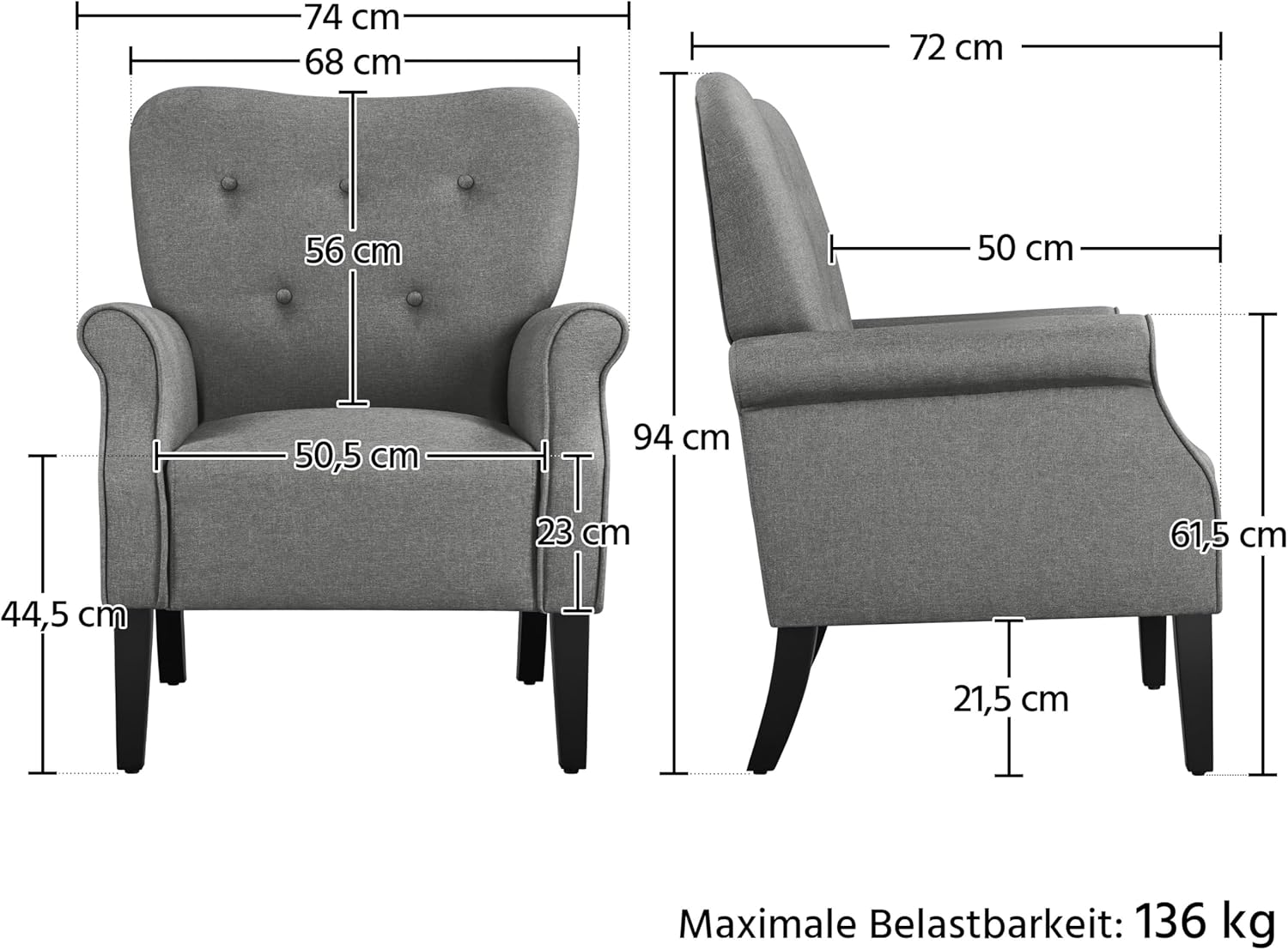 Yaheetech Wingback Chair Modern Wooden Legs Armchair Upholstered TV Chair with Armrests Single Sofa Seat Comfort Dark Grey