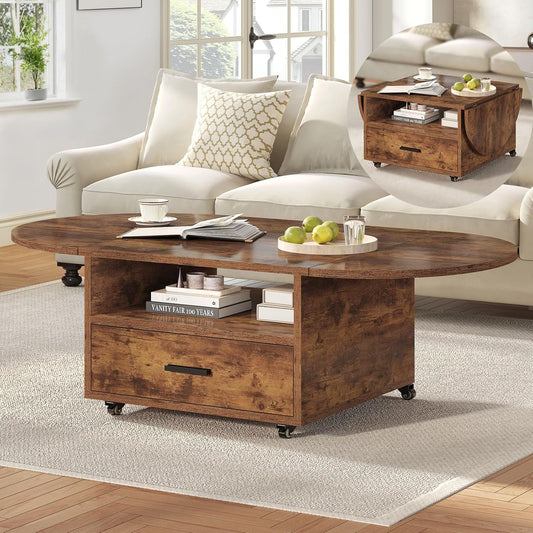 IBF Coffee Table with Storage, Wood Oval Living Room Table with Drawer, Multifunctional Rustic Foldable Center Table, Extendable Tea Table with Wheels for Home Bedroom Office, Rustic Brown, 47 in