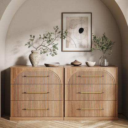 BELLEZE 65 Inch Fluted Buffet Cabinet with Storage, Symmetrical Arc Accent Sideboard Large Console Table for Dining Room, Kitchen, and Living Room (Camel)