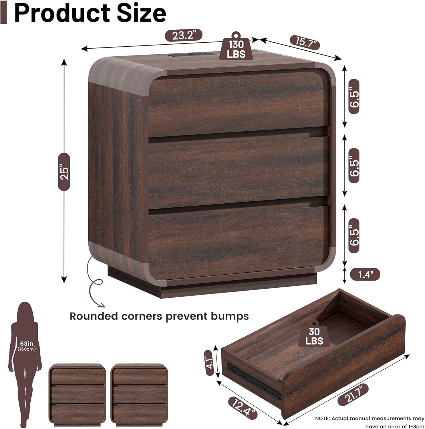 Walnut Curved Nightstand Set of 2, 23.2" Wide Wood Bedside Table with Charging Station, 3 Storage Drawers Night Stand, Large End Table for Bedroom, Living Room, Sofa