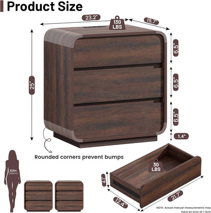 Walnut Curved Nightstand Set of 2, 23.2" Wide Wood Bedside Table with Charging Station, 3 Storage Drawers Night Stand, Large End Table for Bedroom, Living Room, Sofa