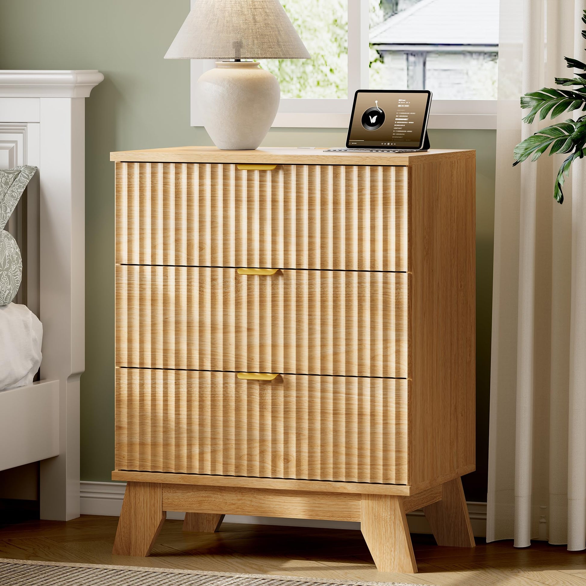 Fluted Nightstand, 24" Wide Side Table with 3 Large Storage Drawers, Mid Century Modern Wood Night Stand with Metal Handle, Wooden Bedside End Table for Bedroom, Living Room, Closet, Natural Oak