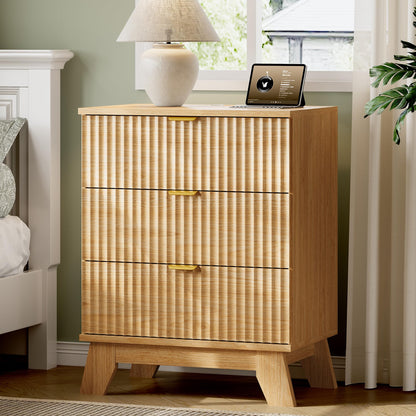 Fluted Nightstand, 24" Wide Side Table with 3 Large Storage Drawers, Mid Century Modern Wood Night Stand with Metal Handle, Wooden Bedside End Table for Bedroom, Living Room, Closet, Natural Oak