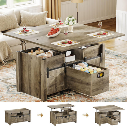 40" Farmhouse Lift Top Coffee Table with Sliding Barn Door,4 in 1 Multi-Function Coffee Tables with Storage Drawers & Hidden Compartment,Converts to Dining Table for Living Room,Walnut