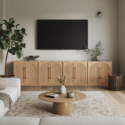 BELLEZE 65 Inch Fluted Buffet Cabinet with Storage, Symmetrical Arc Accent Sideboard Large Console Table for Dining Room, Kitchen, and Living Room (Camel)