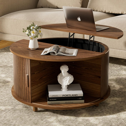 Oval Lift Top Coffee Table with Storage, 47.2" Mid Century Modern Living Room Center Table with 180° Sliding Tambour Door, Wood Fluted Coffee Table for Home Office, Walnut