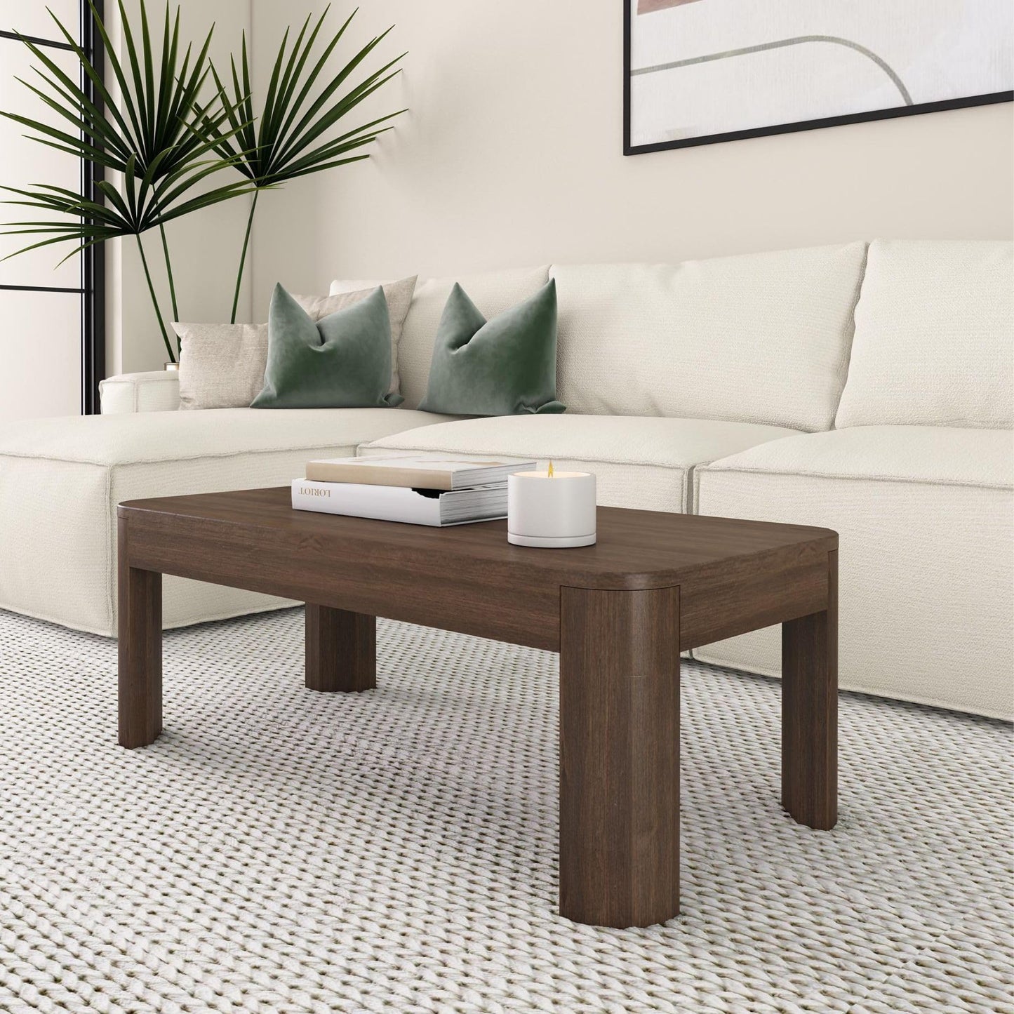 Plank+Beam Small Forma Coffee Table, Solid Wood 40 Inch Modern Coffee Table with Shelf, Contemporary Center Table with Storage Space, Rectangle Tea Table with Storage, Pecan