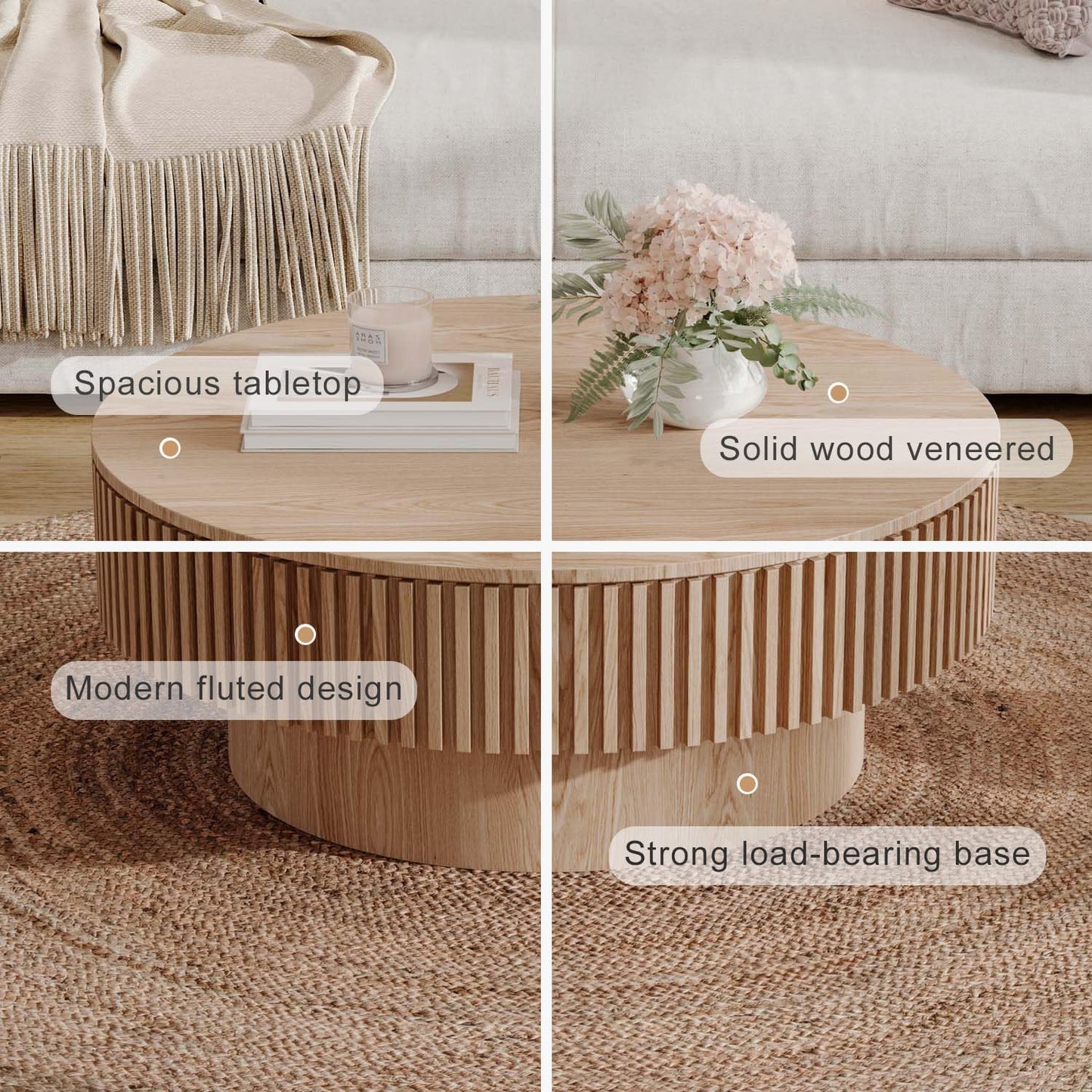 Round Coffee Table with Storage, Modern Wooden Coffee Table with Solid Wood Veneered, Circle Center Table Accent Tea Table for Living Room Apartment Small Space (31.5''L × 31.5''W × 14''H, Natural)