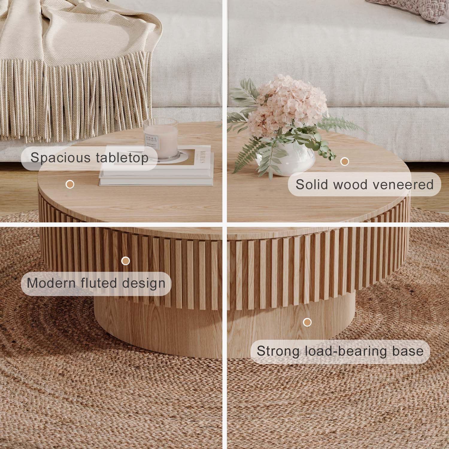 Round Coffee Table with Storage, Modern Wooden Coffee Table with Solid Wood Veneered, Circle Center Table Accent Tea Table for Living Room Apartment Small Space (31.5''L × 31.5''W × 14''H, Natural)