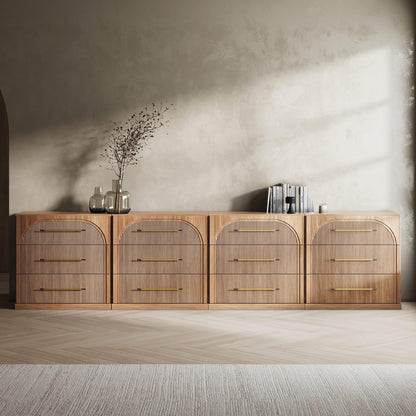 BELLEZE 65 Inch Fluted Buffet Cabinet with Storage, Symmetrical Arc Accent Sideboard Large Console Table for Dining Room, Kitchen, and Living Room (Camel)