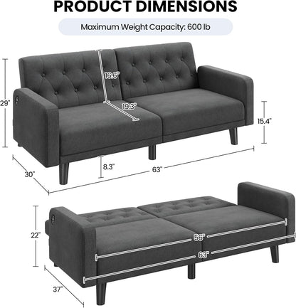Yaheetech 63" Convertible Couch Small Futon Sofa Bed with 2 USB Ports, Reclining Backrest & Removable Armrests, Mid Century Modern Loveseat for Living Room, Apartment, Office, Dark Gray