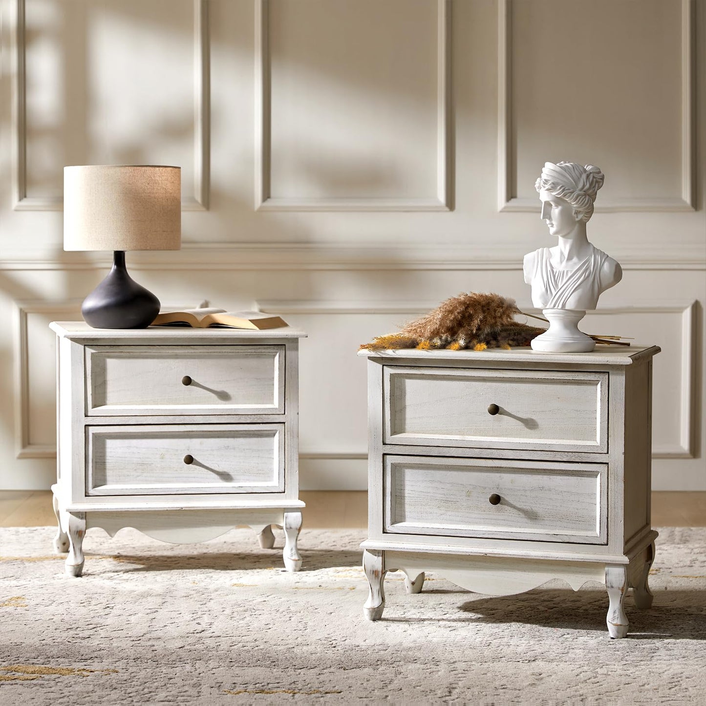 HULALA HOME Solid Wood Nightstand with Charging Station, Vintage Night Stand with Wood Legs and 2 Drawers, French Bedside Table for Bedroom Living Room，Walnut