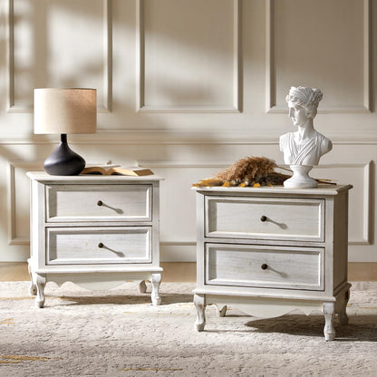 HULALA HOME Solid Wood Nightstand with Charging Station, Vintage Night Stand with Wood Legs and 2 Drawers, French Bedside Table for Bedroom Living Room，Walnut