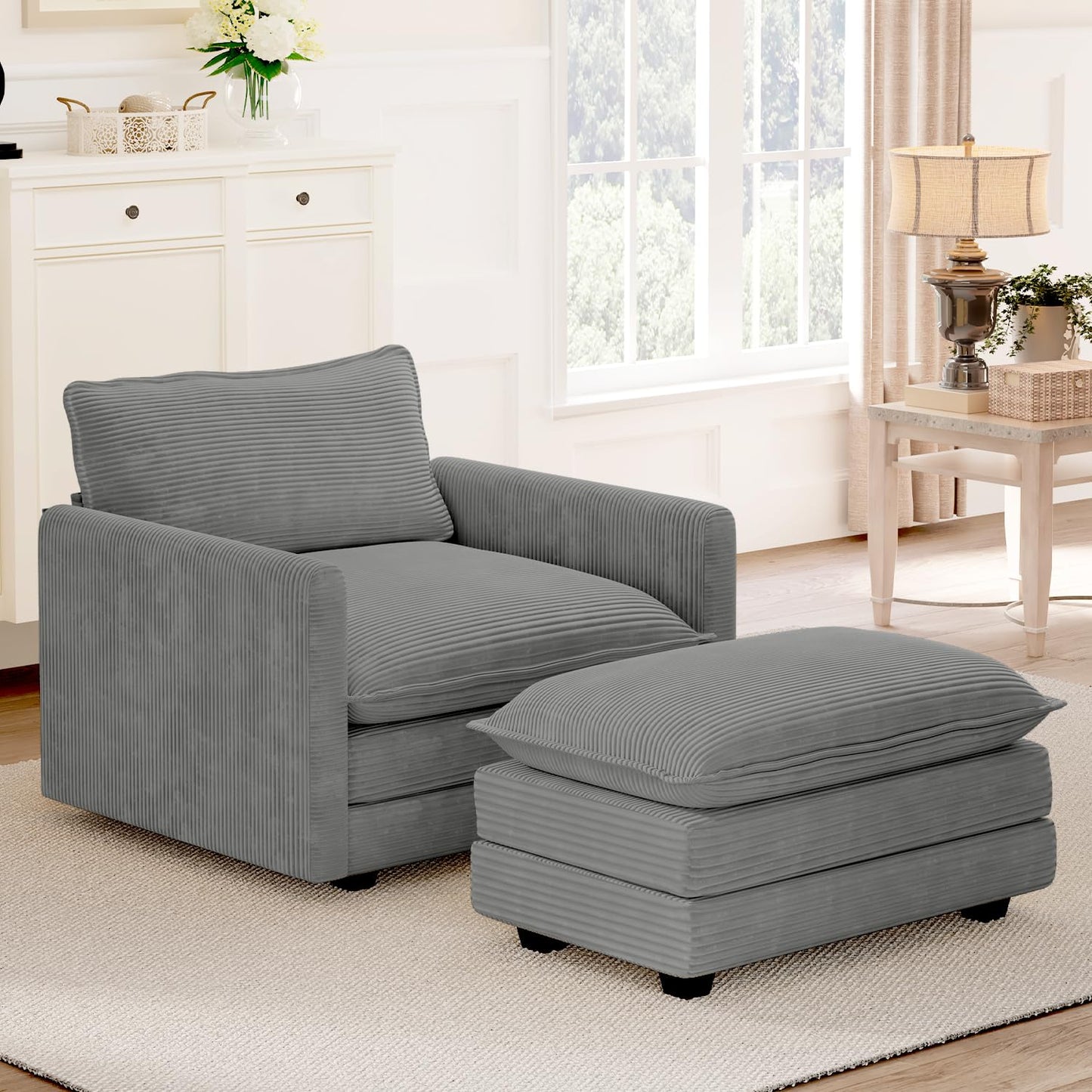 ROWHY Oversized Modular Sectional Sofa with Movable Ottoman, 112 Inch 4 Seat Modern Corduroy Sofa Set, Convertible L Shaped Couch for Living Room and Office, Beige