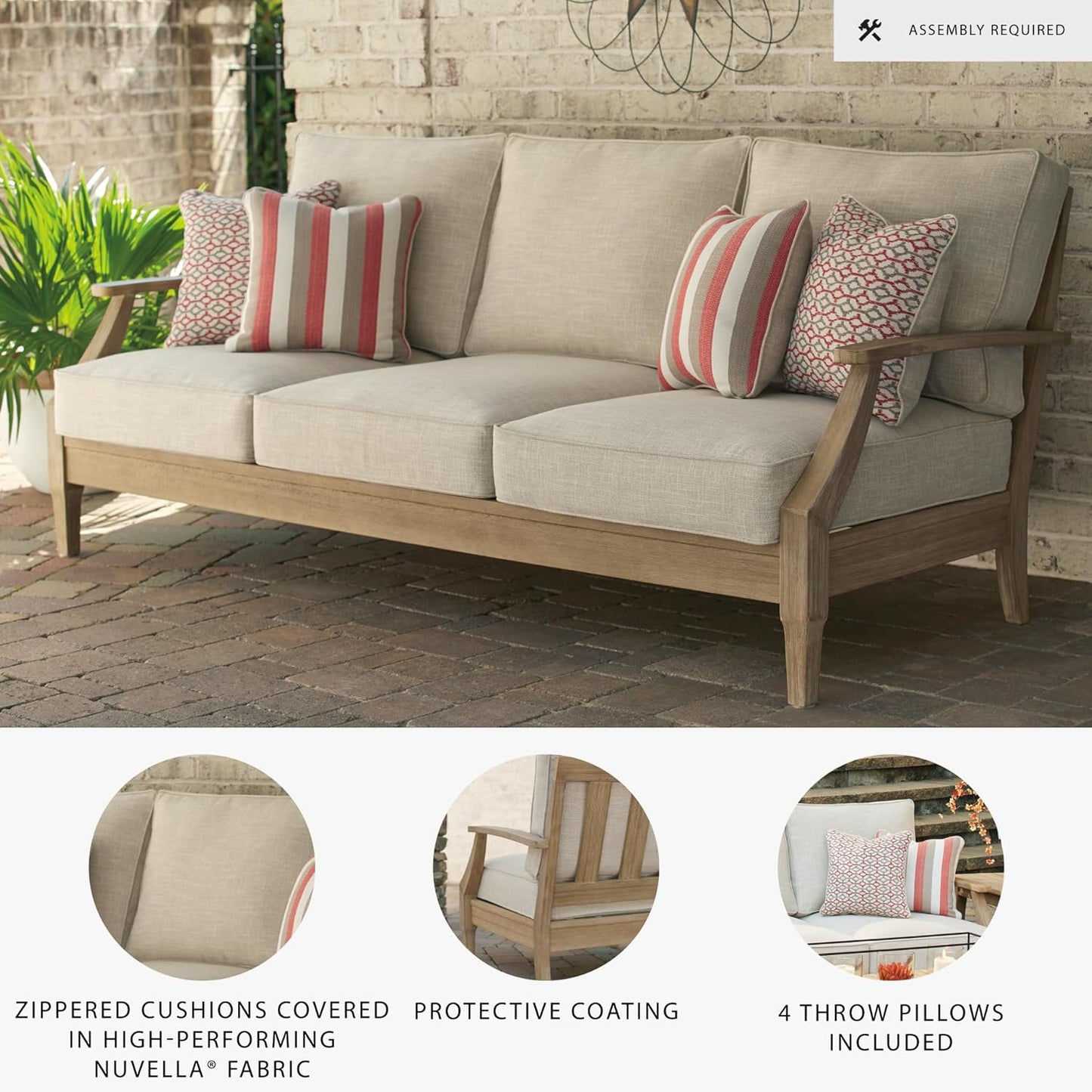Signature Design by Ashley Clare View Outdoor Patio Sofa, 4 Throw Pillows, Nuvella Weather Resistant Fabric, Eucalyptus Wood, 81" W x 35" D x 32" H, Beige