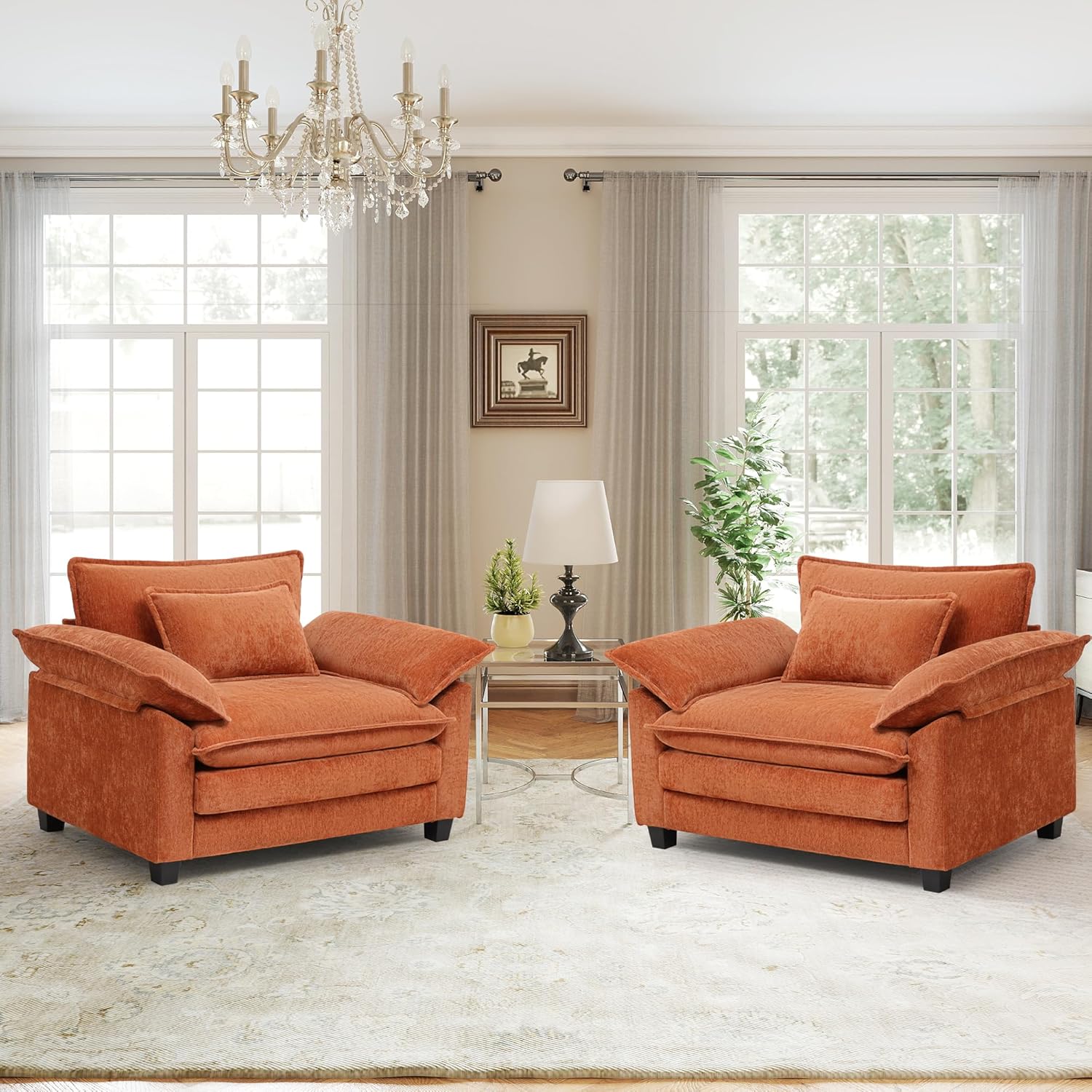 Modern Oversized Accent Chairs Set of 2,Chenille Cloud Sofa Chair with Deep Seat,Upholstered Armchair with Extra Thick,Comfy Reading Chairs for Living Room Bedroom Terracotta Orange
