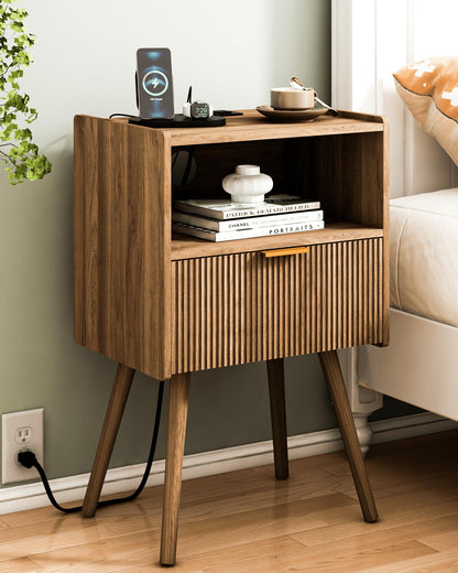 Nightstand,Modern Bedside Table with Storage Drawer and Open Wood Shelf, for Living Room, Bedroom and Small Spaces, Accent Night Stand with Solid Wood Legs, Easy Assembly,Walnut Brown