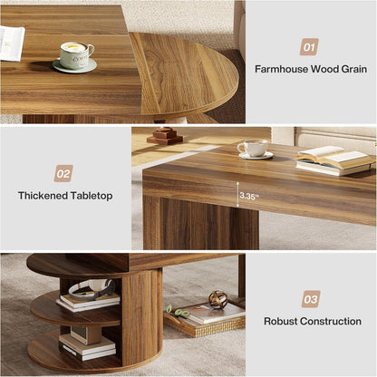 Tribesigns Coffee Table with Storage, 51-Inch Farmhouse Living Room Center Table with 3 Storage Shelves for Living Room,Home Office, Easy Assembly, Rustic Brown