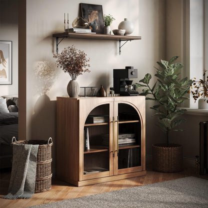 BELLEZE 65 Inch Fluted Buffet Cabinet with Storage, Symmetrical Arc Accent Sideboard Large Console Table for Dining Room, Kitchen, and Living Room (Camel)