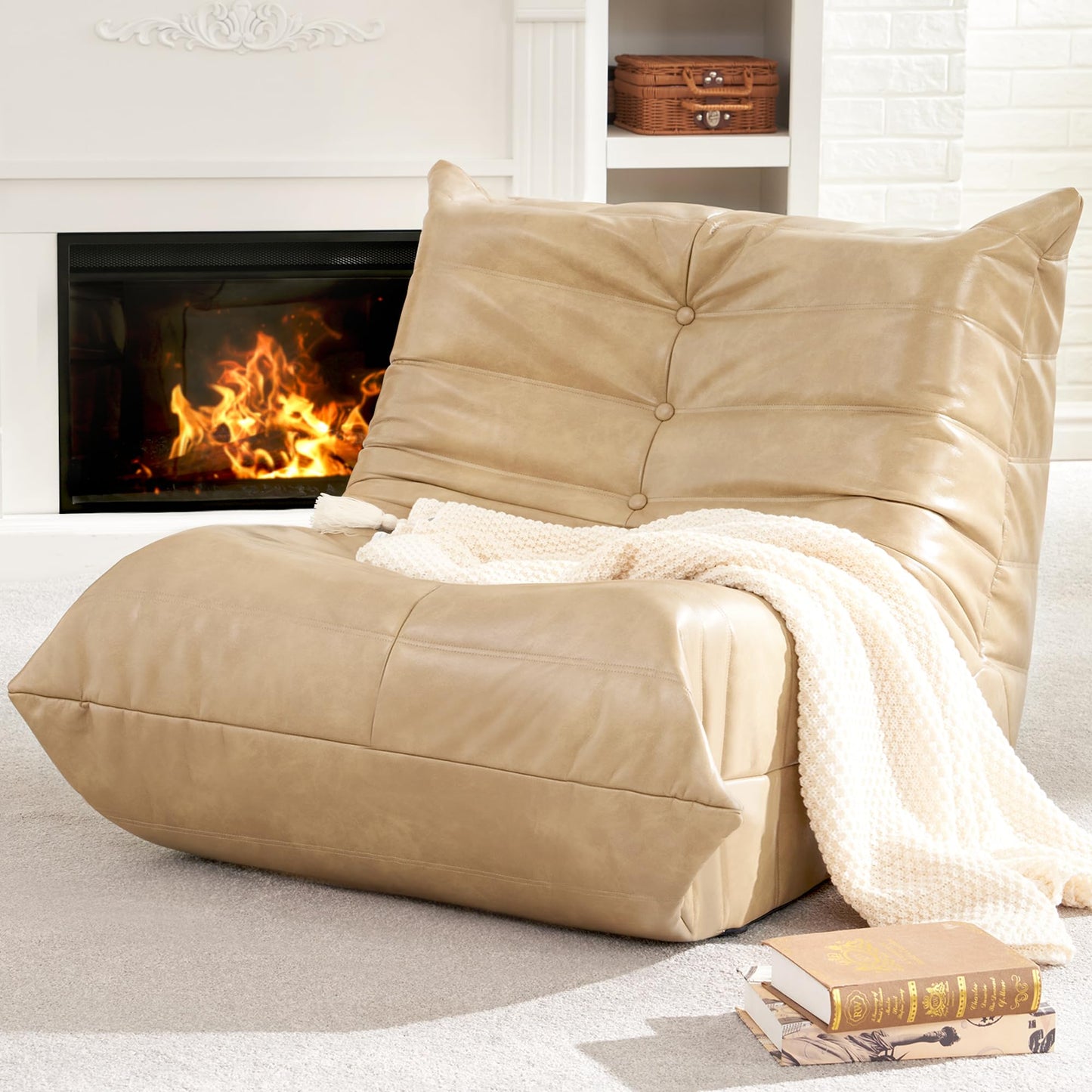 Hobestluk Giant Bean Bag Chair Lazy Floor Sofa, Memory Foam Fireside Sofa for Adults, Big Beanbag Faux Leather Armless Chair for Living Room Bedroom Dorm Office (Brown, Single)