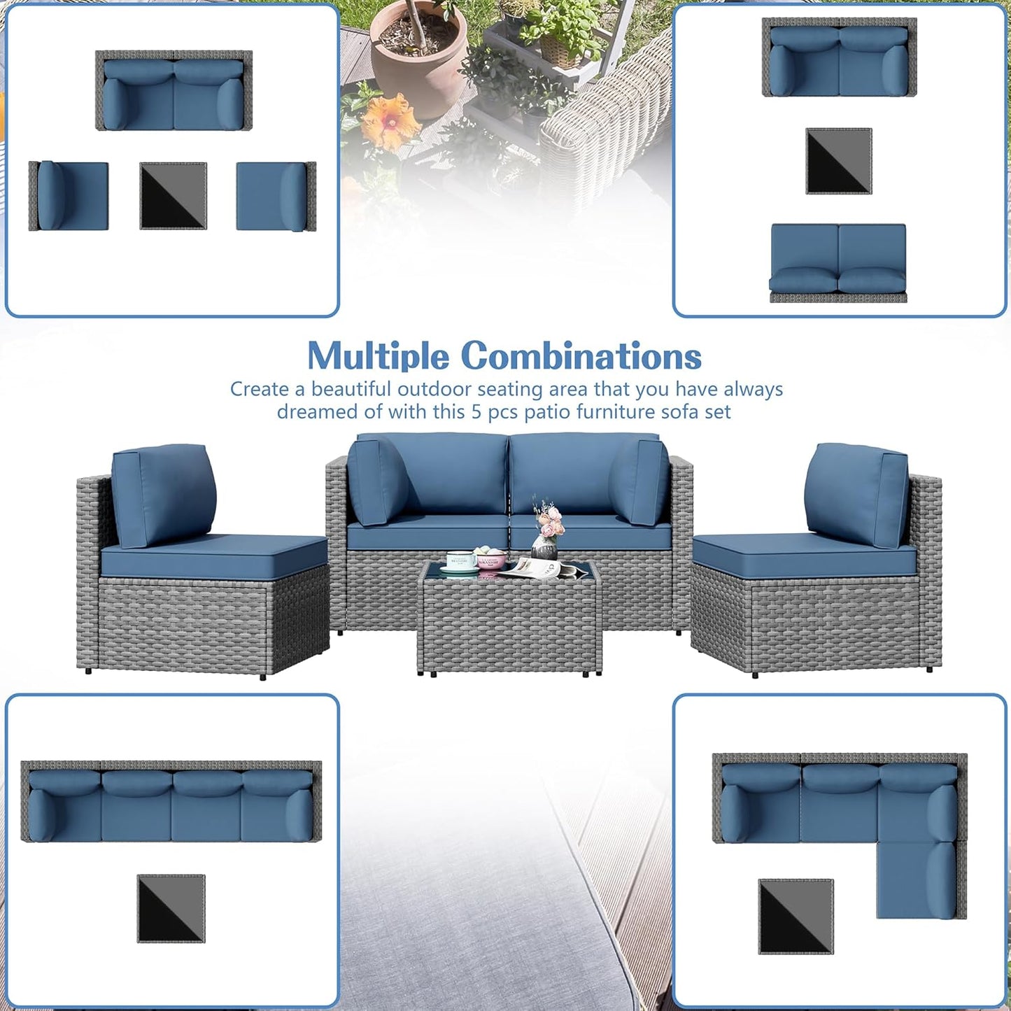 Shintenchi 5 Pieces Outdoor Patio Furniture Sets, Patio Sectional Sofa Couch, Gray PE Wicker Furniture Modular Patio Conversation Sets Patio Sofa with Washable Cushions & Table（Aegean Blue）