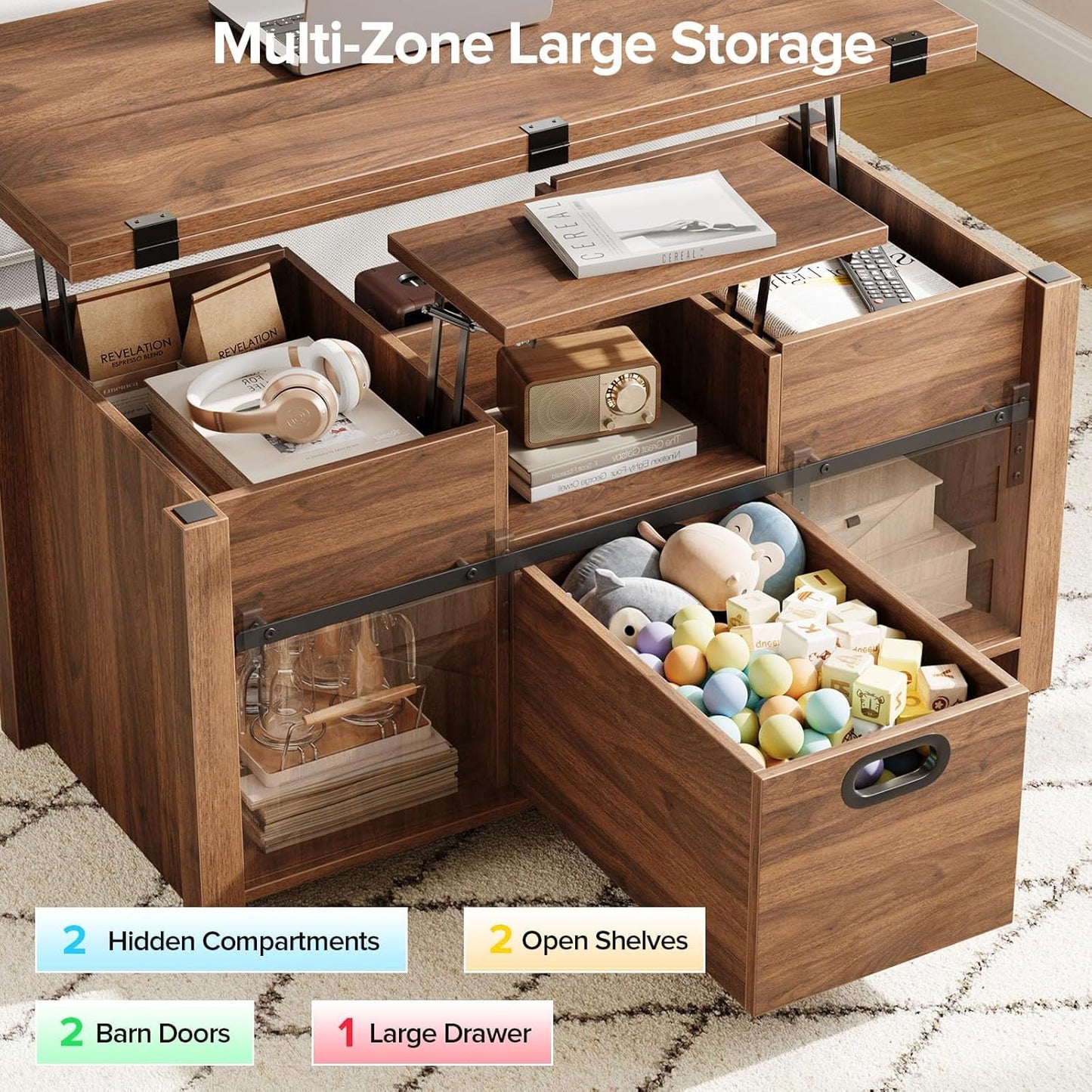 40" Farmhouse Lift Top Coffee Table with Sliding Barn Door,4 in 1 Multi-Function Coffee Tables with Storage Drawers & Hidden Compartment,Converts to Dining Table for Living Room,Walnut