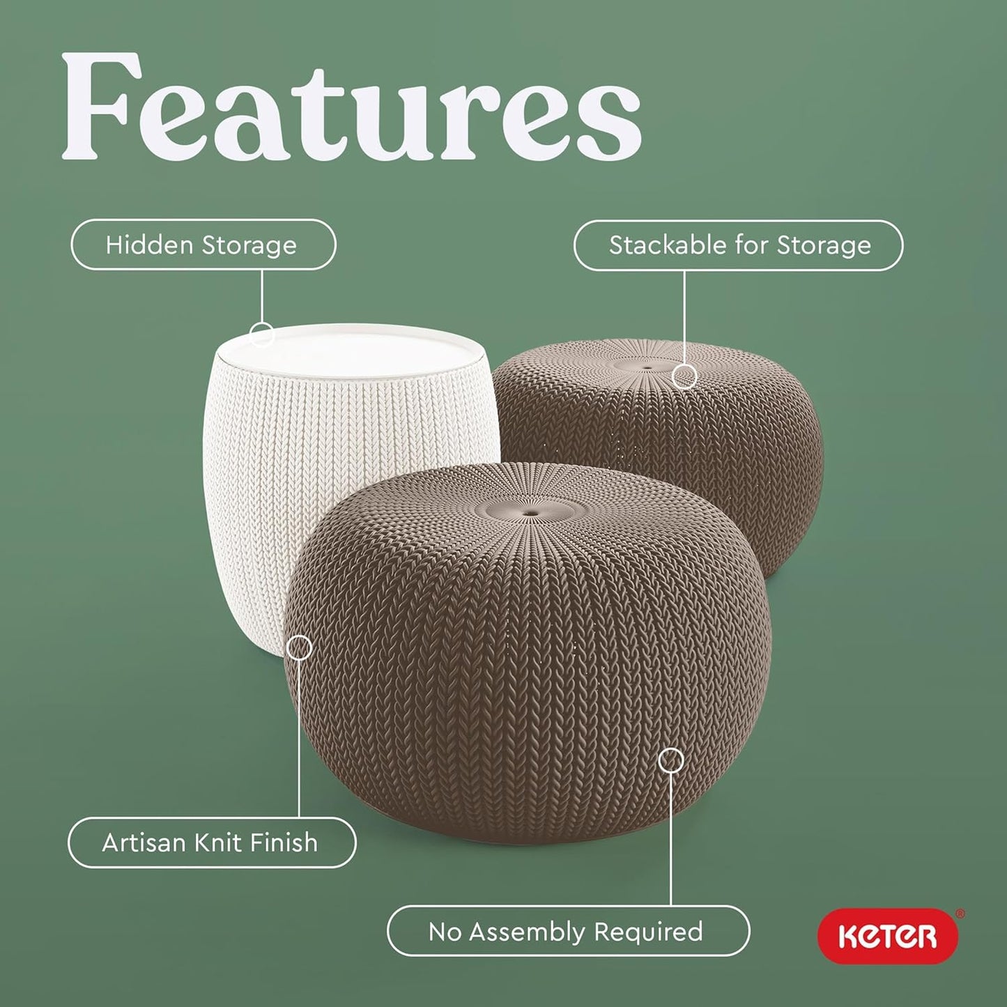 KETER Urban Knit Pouf Ottoman Set of 2 with Storage Table for Patio and Room Décor-Perfect for Balcony, Deck, and Outdoor Seating, Cream & Taupe