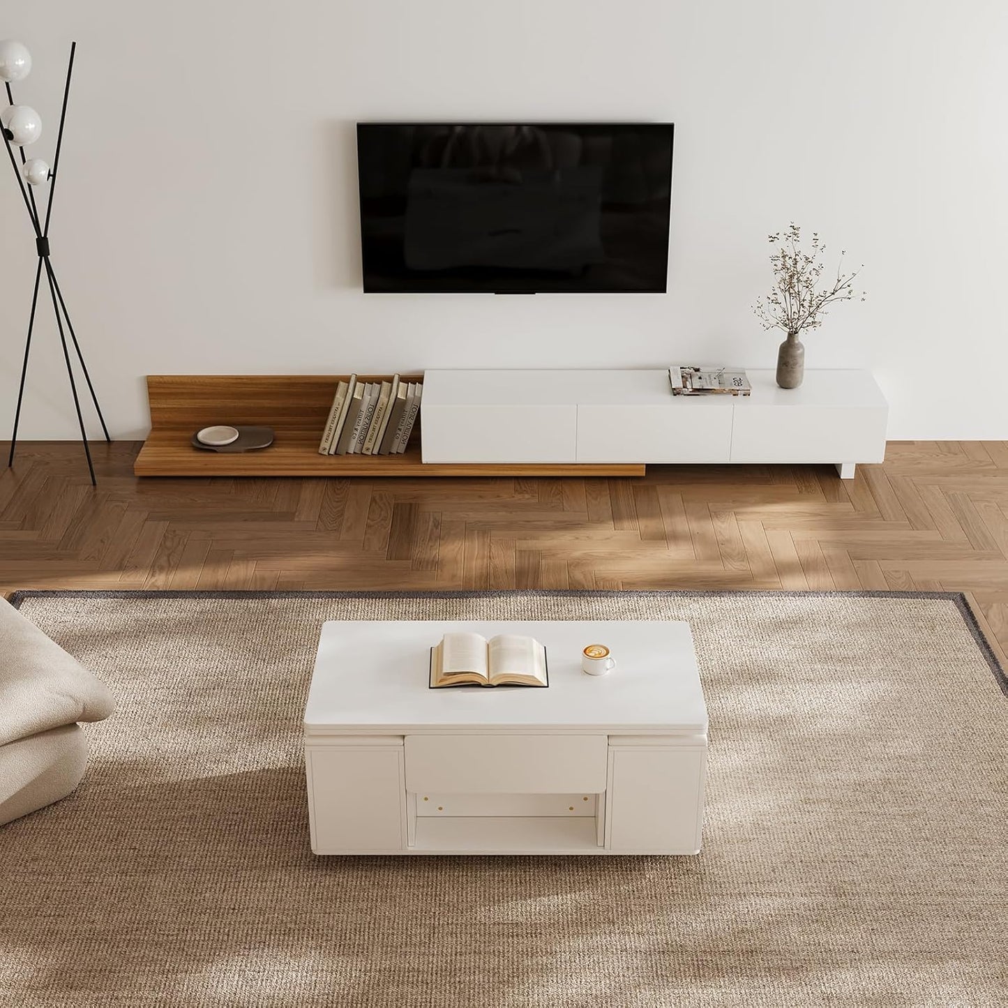 homary White Lift Top Coffee Table with Hidden Storage, 3 in 1 Multi-Function Modern Folding Center Table with 4 Stools and Casters