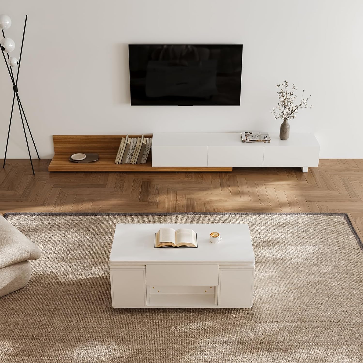 homary White Lift Top Coffee Table with Hidden Storage, 3 in 1 Multi-Function Modern Folding Center Table with 4 Stools and Casters