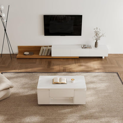 homary White Lift Top Coffee Table with Hidden Storage, 3 in 1 Multi-Function Modern Folding Center Table with 4 Stools and Casters