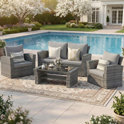 Wisteria Lane 4 Piece Patio Furniture Set, Wicker Outdoor Patio Conversation Furniture Set, All Weather Outdoor Patio Sofa with Cushion and Glass Table, Brown
