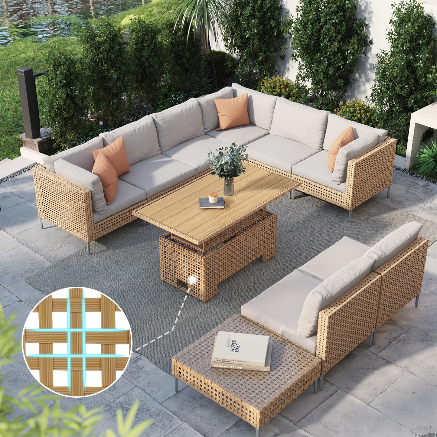 Grand patio 7-Piece Wicker Patio Furniture Set, Boho Outdoor Conversation Set Sectional Sofa with Water Resistant Thick Cushions and Coffee Table, Cream