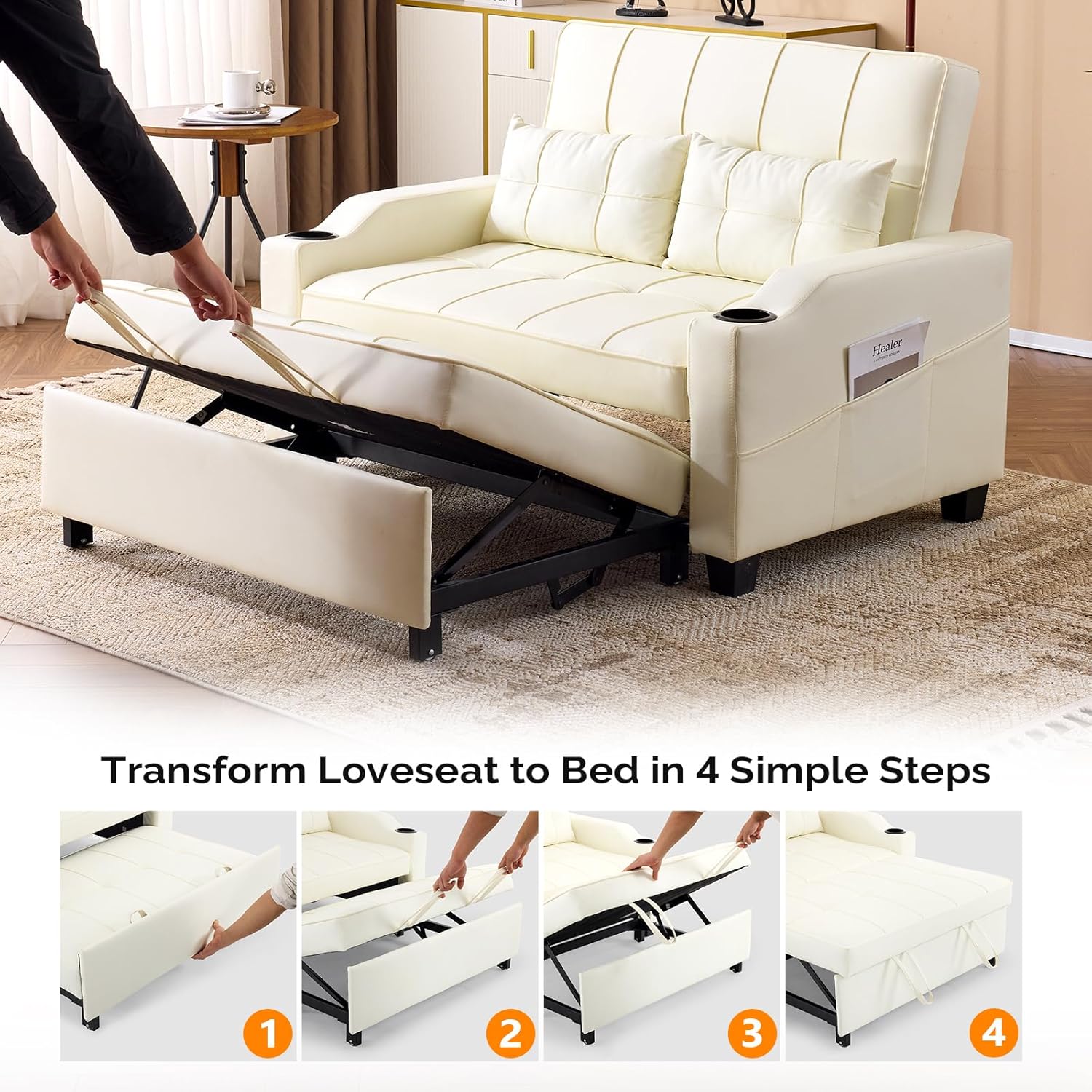 VINGLI Beige Loveseat Sleeper Sofa, Convertible Futon Sofa Bed Faux Leather Pullout Couch Bed with USB Ports, Cup Holders, Armrest for Living Room, Bedroom, Home Office Apartment